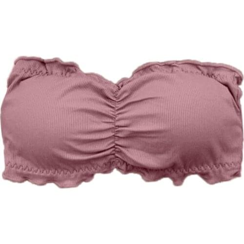 649D Women Strapless Ruffles Bandeau Bra Ribbed Knit Solid Color Wrapped Chest Tube Top Bottoming Layering Back Buckle Bralette