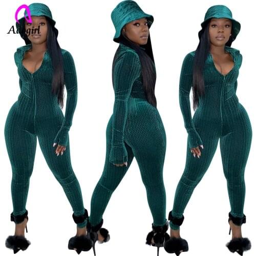 Deep V-neck Velvet Rompers Front Zipper Long Sleeve One Piece Bodysuits Streetwear Solid Skinny Catsuits Autumn Winter Jumpsuit