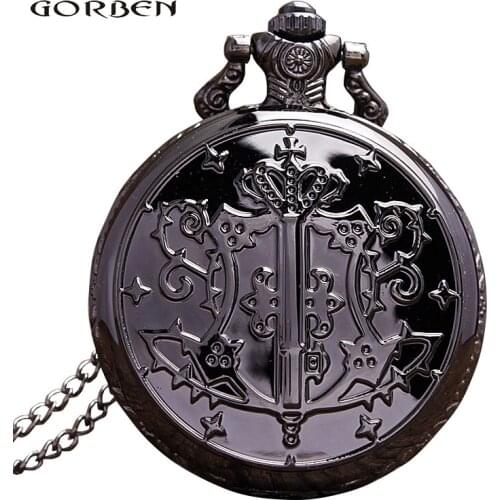 Shining Black Smooth Full Metal Alchemist Quartz Pocket Watch Necklace Pendant Chian Men Shield Carving watches relogio de bolso