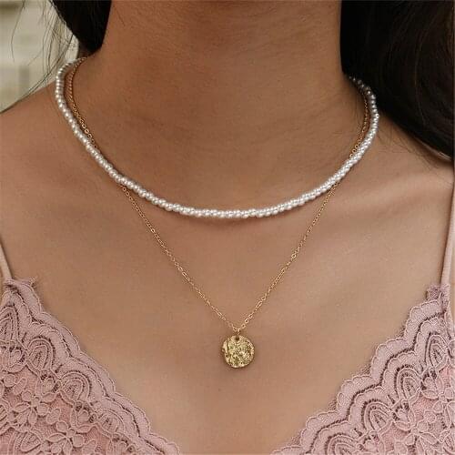 Fashion Multilevel Artificial Pearl Geometric Gold Texture Coin Pendant Necklace For Women Boho Vintage Choker Chain Jewelry