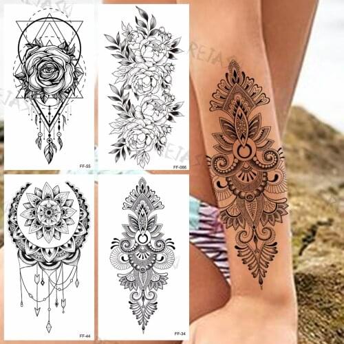 Black Indian Tribal Mandala Temporary Tattoos For Women Adults Realistic Geometric Pendant Fake Tattoo Sticker Body Tatoos Arm