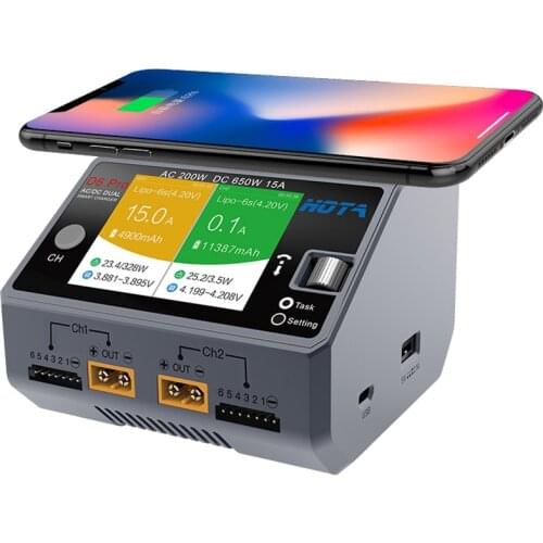 HOTA D6 Duo Pro Battery Charger iPhone Samsung w/Wireless Cellphone Charging, Support AC 200W/DC 650W Input for Lipo LiIon NiMH