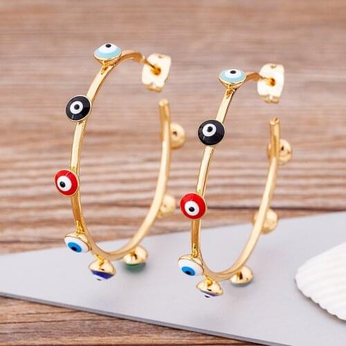 Classic Lucky Colorful Turkish Evil Eye Beads Earrings Geometric Big Circle Drop Earrings For Women Girls Copper Jewelry Gifts