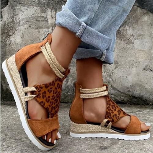 Leopard Sandals Summer Ladies Fashion Casual Wedge Heel Open Toe Fish Mouth Foreign Trade Roman Style Sandals Shoes Plus Size