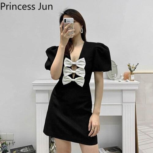 Fashion Little White Bowknot Princess Mini Dress French Retro Puff Sleeve Deep V Neck Sexy A Line Dress Slim Waisted Party Dress