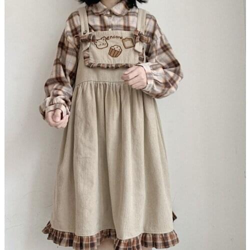 Autumn Japanese Style Lolita Cute Bear Overall Dress Women Girls Vintage Plaid Ruffle Harajuku Casual Kawaii Suspenders Dresses
