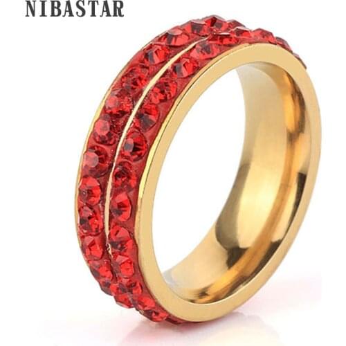 Hot Popular Gold-Color Stainless Steel Ring Pave Setting Green purple Red Yellow Pink Crystal Jewelry Ring For Women