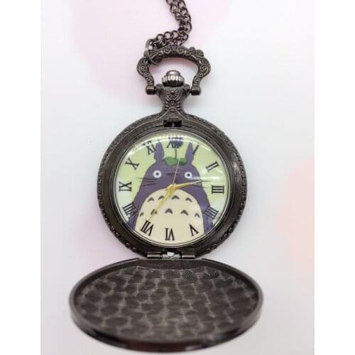 Retro Black Cute TOTORO Desgin Pocket Watch Famous Movie My Neighbor Totoro Quartz Pocket Watch with FOB Necklace ChristmasGift