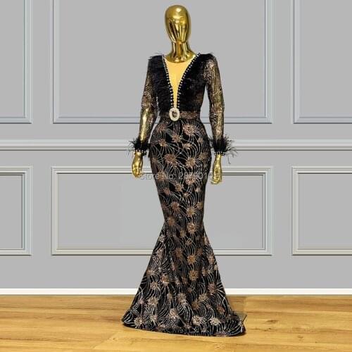 African Luxury Black Mermaid Evening Dress Floor-length Sash Metal Spraying Feathers Prom Dress Robe De Soiree Aibye Middle East