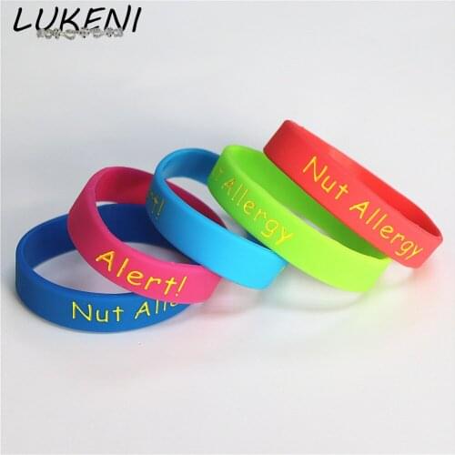 LUKENI 50PCS/lot Medical Alert Nut Allergy Silicone Wristband Kids Size 5 Colors Silicone Braceets&Bangles Kids Wholesale SH110K