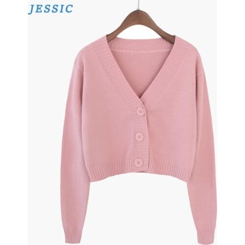 JESSIC korean knitted sweaters cardigan women v-neck solid loose single breasted jacket long sleeve crop top coat autumn clothes