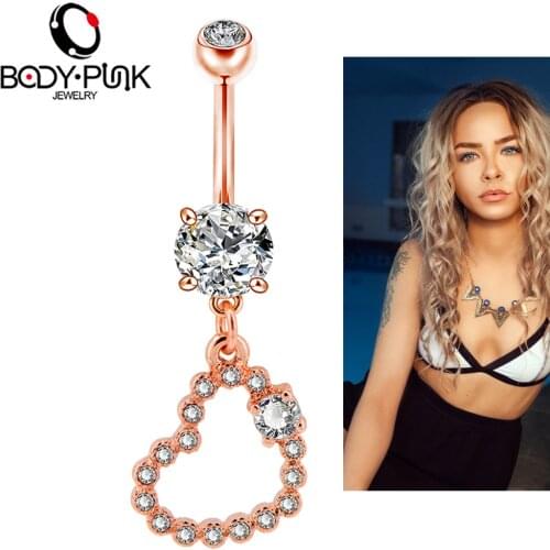 Body Punk 14G Belly Button Rings 316L Surgical Steel Rose Gold Heart Dangle Navel Rings Piercing Jewelry for Women Men Ombligo