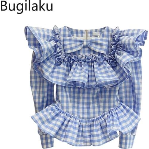 Bugilaku Plaid Shirts Women Autumn New Bow Knot Ruffles Slim Fit Long Sleeve Blouse Casual All-match Korean Fashion Female Tops