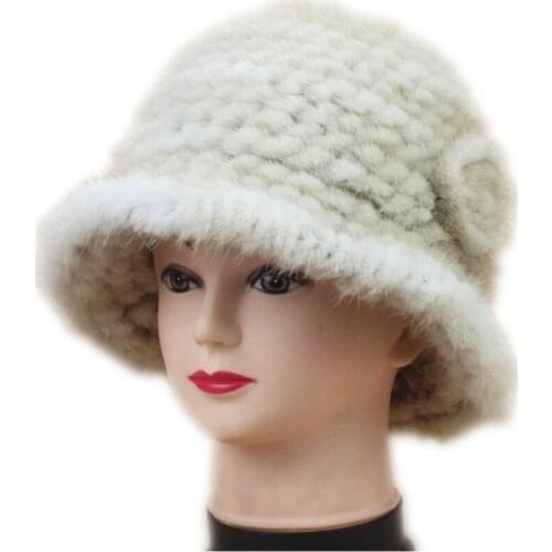 Real mink fur fedoras for women winter autumn genuine mink fur knitted warm caps with flowers new design H122