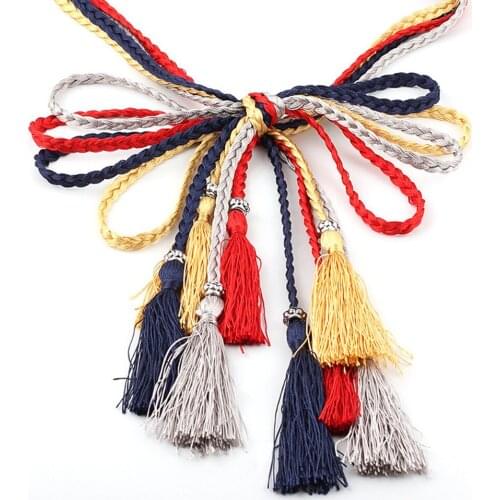 Women Thin Weaving Rope chain belt Female Fashion Tie Waist Belts with tassel pendant Bohemian Dress Wild Small waist band Strap