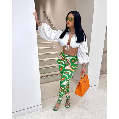 2021 Autumn Holiday Sexy Hollow out Young Puff Sleeve Top High Waist Long Pencil Pants 2 Piece Set Slim For Women