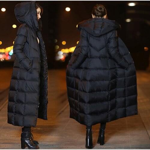 Ladies down jacket Winter ladies long over the knee Hooded solid color Long thick coat Ladies jacket