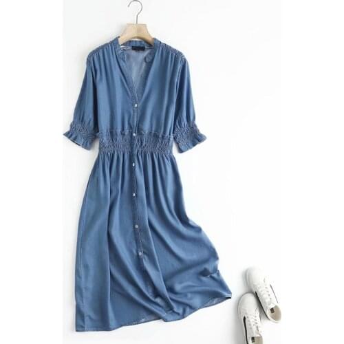 High waist long denim shirt dress women v neck short sleeve summer long jeans dress blue slim waist ruffled long dress cotton