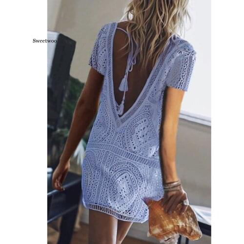 2020 Summer Women Lace Dress Sexy Deep V Neck Backless Crochet Floral Mini Party Hollow Out Plus Size Cover-Ups Beachwear Bather