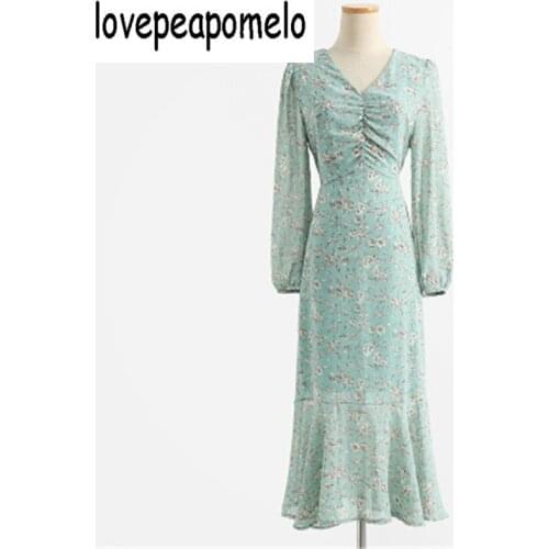 2021New Floral Printing V-Neck Womens Long Sleeve Dress Spring Summer High Waist Chiffon Mermaid Dress Dress Vestidos Femme 114