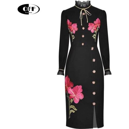 Runway Design Flower Embroidery Sheath Knee Length Party Night Dresses Ruched Button Decor Side Split Elegant Dress female Black