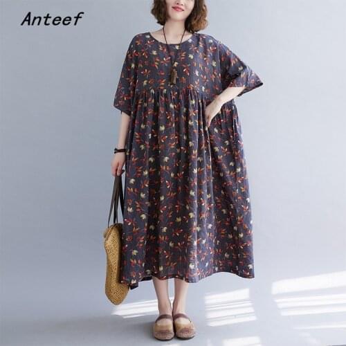 Short sleeve cotton vintage floral dresses for women casual loose long woman summer dress elegant clothes 2021