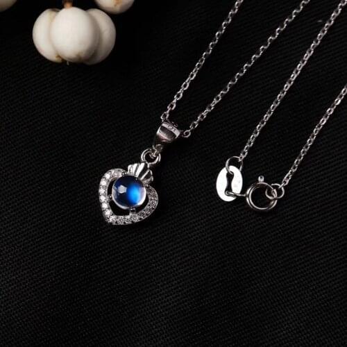 100% Real 925 Sterling Silver Fine Gems Blue Natural Moonstone Heart Pendant/rainbow moonstone heart necklace