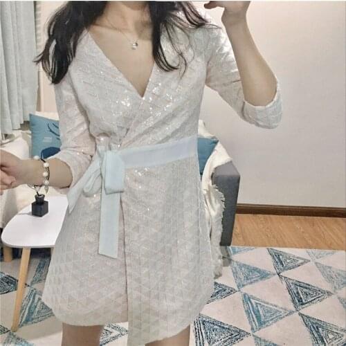 2018 High Quality Midi Dress Sexy V-neck Sequin Pattern Hat and Fall Dress Vestidos Lady Chic New Arrival Fashion dress#0057