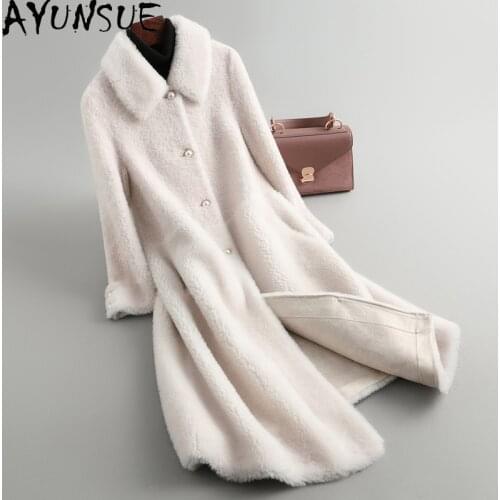AYUNSUE Autumn Winter Real Fur Coat Women Clothes 100% Wool Grain Fur Jacket Sheep Shearing Long Womens Coats 2020 KL-133 KJ