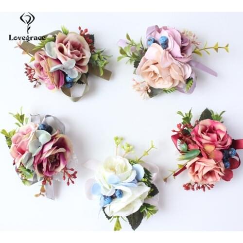 Lovegrace Artificial Silk Flowers Wrist and Corsages Blue Yellow Band Bridesmaid Bracelet Wedding Bouquet Hand Flower Supplies
