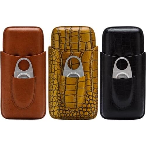 COHIBA Fine Quality Portable Pattern Real Leather Cigar Case Holder 3 Tubes Mini Travel Humidor W/ Metal Cutter