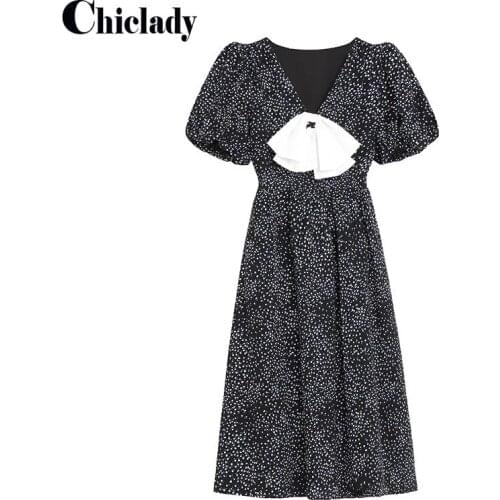 CHICLADY black floral midi dress heart love collar short sleeve bow vintage French elegant casual dresses femme vestidos fashion
