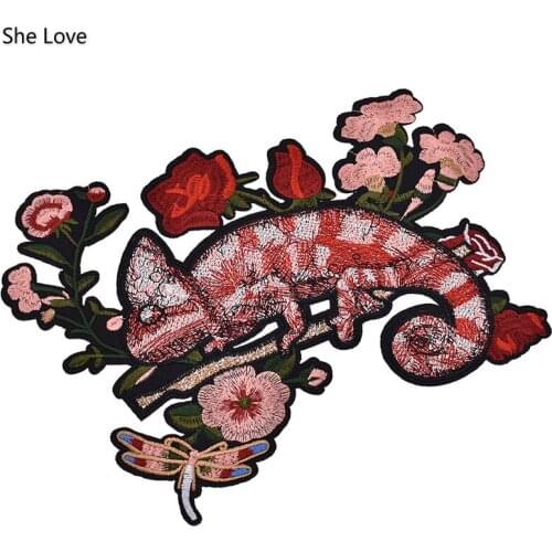 Chzimade Red Color Big Lizard Flower Embroidery Patches Iron On Appliques For Clothing DIY Apparel Accessories