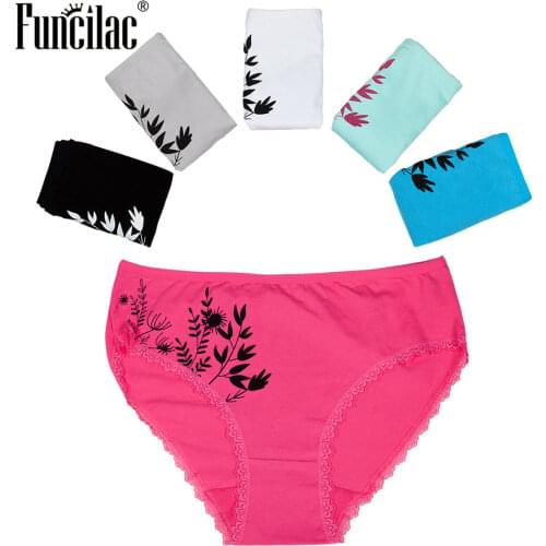 FUNCILAC Plus Size Underwear Women Sexy Lace Briefs Print Panties Cotton Crotch Mid-Rise Good Quality Lingerie 2XL-4XL 5 Pcs/lot