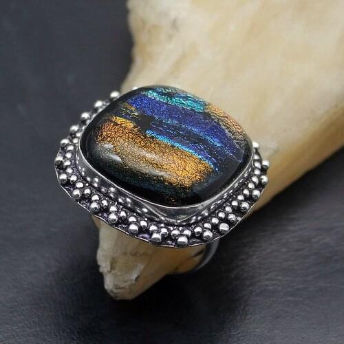 Hermosa Charms Rainbow Antique Dichroic Glass Solitaire Band Mens Ring Size 9.5 A342