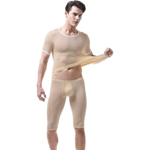 Men Undershirt Sets Ice Silk Sheer Short Sleeves T Shirts + Pants Ultra-thin Male Tops Cool Thermal Sleepwear Transparent Suits