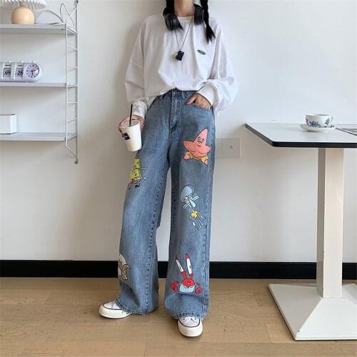 Cute Women LooseCartoon Female Pants Fashion Women Harajuku Baggy Jeans Womens Pants Casual Funny Gothic Pants Summer Jeans
