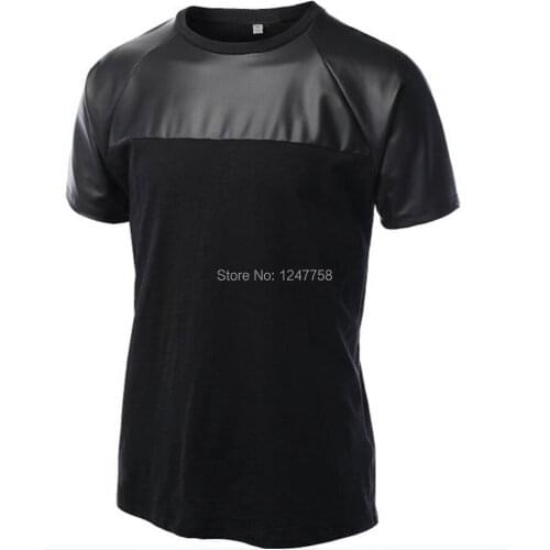 Fashion Mens Splice T-Shirt Leather Like&Cotton Vest Raglan Top Short Muscle Shirt Tee Tops
