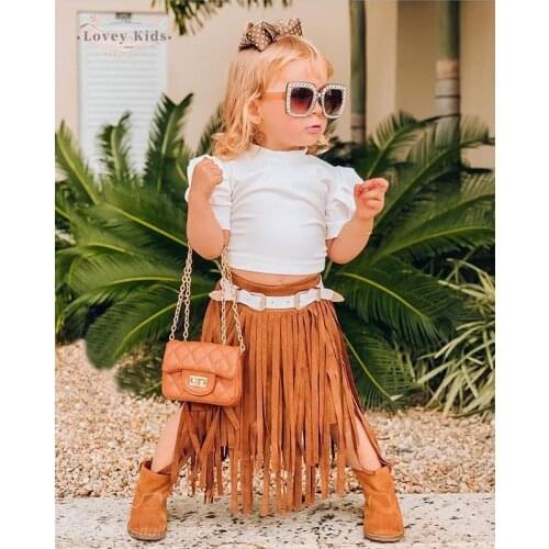 2020 Autumn Toddler Girl Clothes 2PCS Solid Long Puff Sleeve Tops White Pullover Mini Skirt Tassel Brown Children Outfit Set
