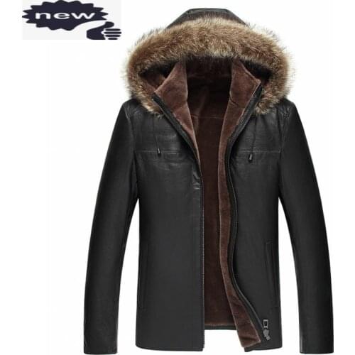 Slim Fit New Fashion Mens Zipper Coats Genuine Leather Casual Sheepskin Thick Warm Outwear Hooded Short Long Sleeve Black Brown