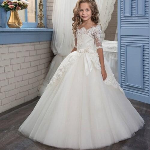 Stunning Gorgeous Elegant Ivory Half Sleeve Holy First Communion Flower Girls Dresses Kids Baby Appliques Pageant Wedding Dress