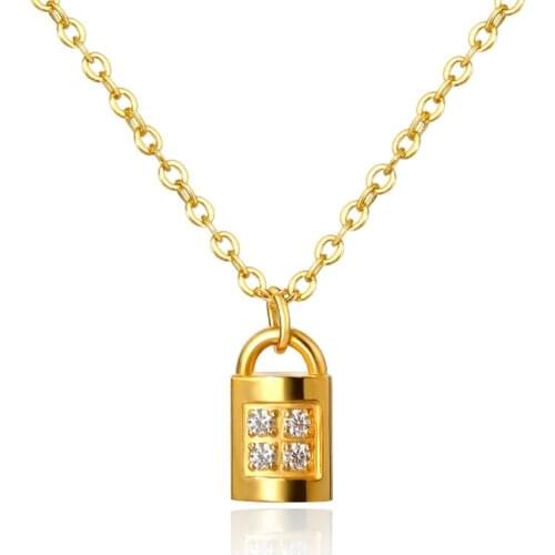 Luxury Brand Small Gold Lock Pendant Necklace CZ Stone Pendant Necklace For Men Women Fashion Jewelry Gift