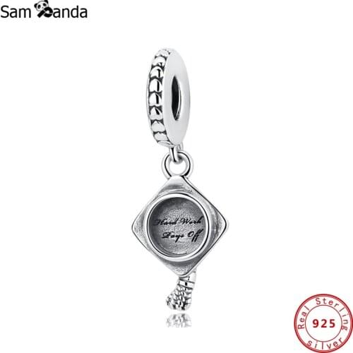 Original 100% 925 Sterling Silver Bead Charm Graduation Pendant Mortarboard Hat Charms Fit Bracelets Women DIY Jewelry