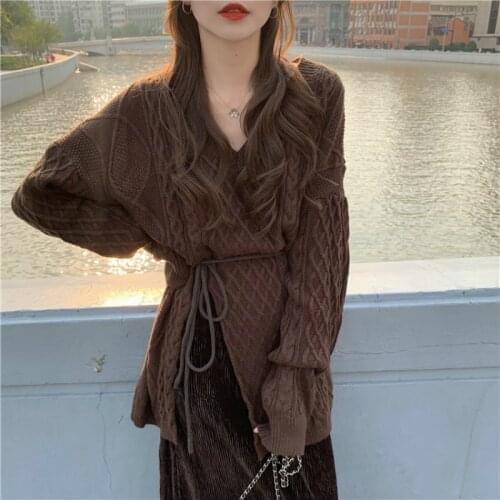 Snordic Women Autumn Oversized V Neck Full Sleeve Long Twist Sweater Sashes Split Hem Knitted Pullover Jumpers