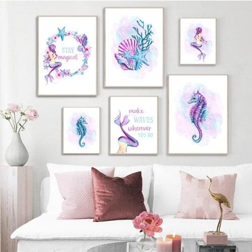 Modern Picture Home Decor Wall Art Canvas Painting Abstract cartoon Mermaid Hippocampus Posters and Prints for Dormitory Design