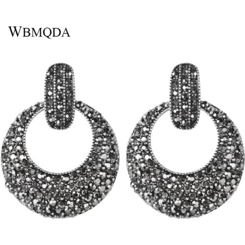 Wbmqda New Vintage Tibetan Silver Round Earrings For Women Fashion Black Crystal Ethnic Bride Earrings Wedding Jewelry
