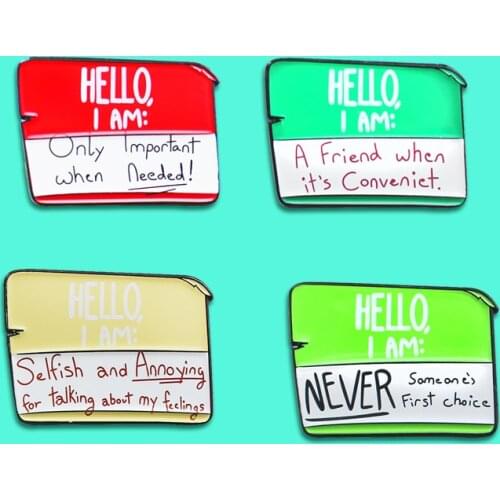 Funny HELLO I AM, Brooch Message Label Memo Memory Card Dialogue Brooches Enamel Pins For women Kids Backpack Lapel Badge Gifts