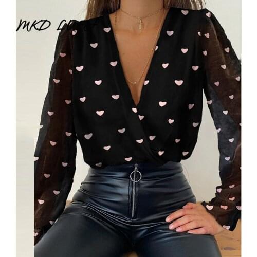 Heart Print Plunge Long Sleeve Blouse Women Casual Sweet Tops