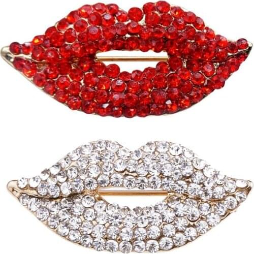 Sexy Elegant Women Crystal Lips Costume Brooches Creative Kiss Pin Jewelry