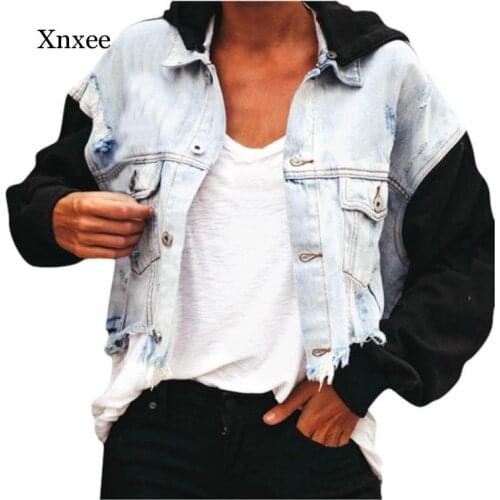 Retro Patchwork Denim Jacket Womens Washed Solid Color Short Denim Jacket Hooded High Street Wear Coat